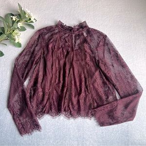 Xhilaration Sz Small Sheer Floral Lace Top Burgundy Long Sleeve